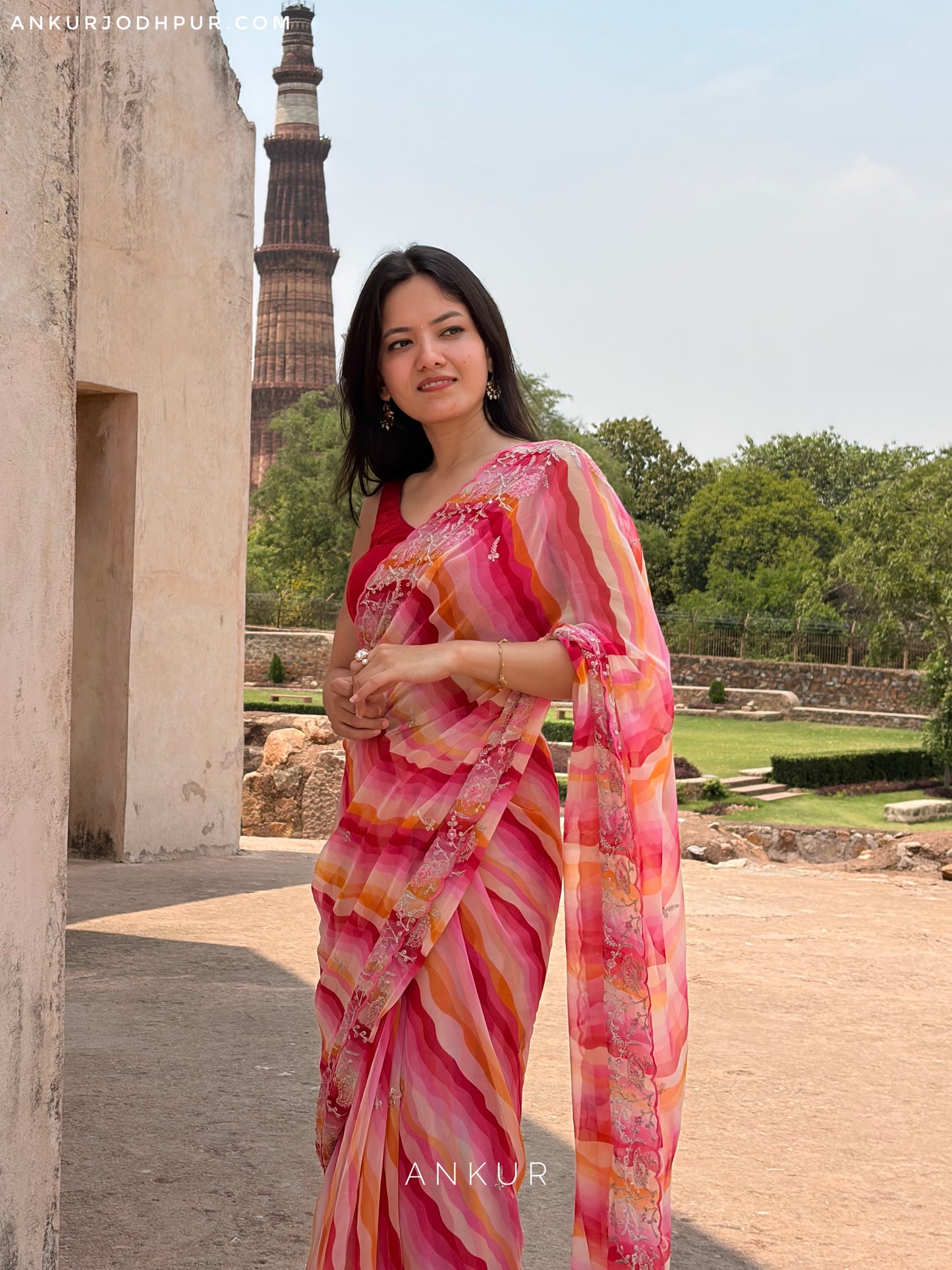 Rani Yellow Orange sunset with double Lehriya Zardozi Nagina