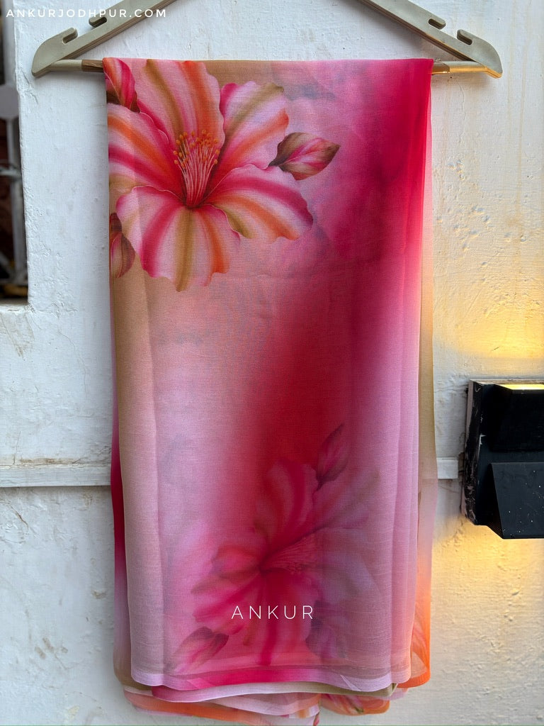 Pink Large Floral Print Vintage Isha Chiffon