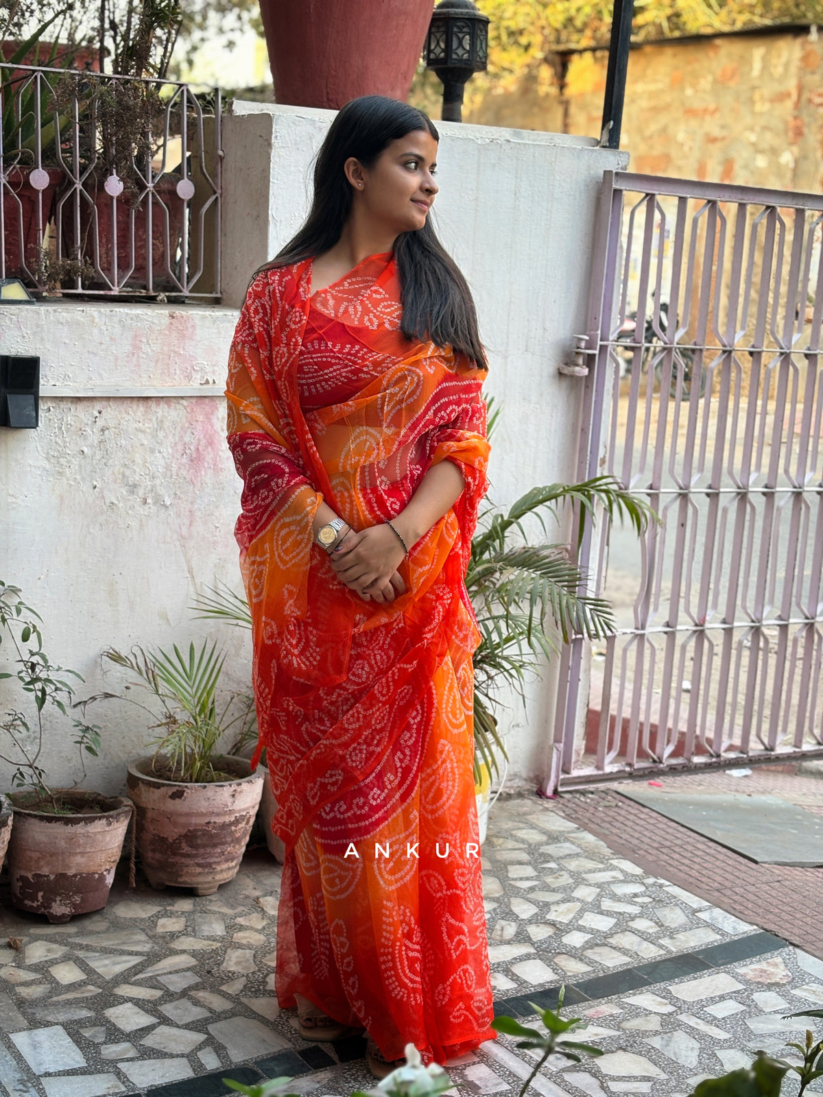 Bandhani Orange shade Isha Pure Chiffon