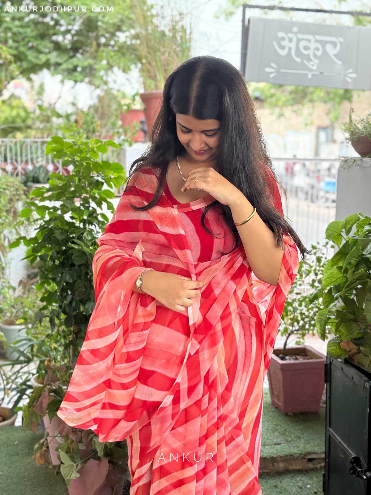 Red Tonal Stripe Leheriya Vintage Isha Chiffon lehriya
