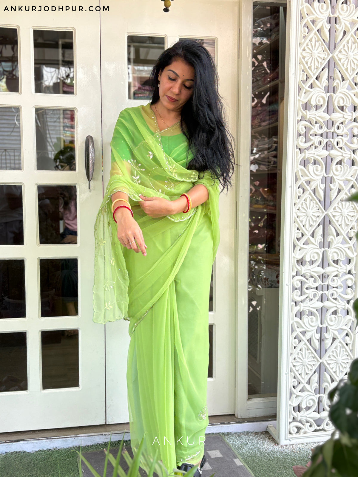 Pista Green cut dana Suhani 2.0 Half Pallu Jaal work