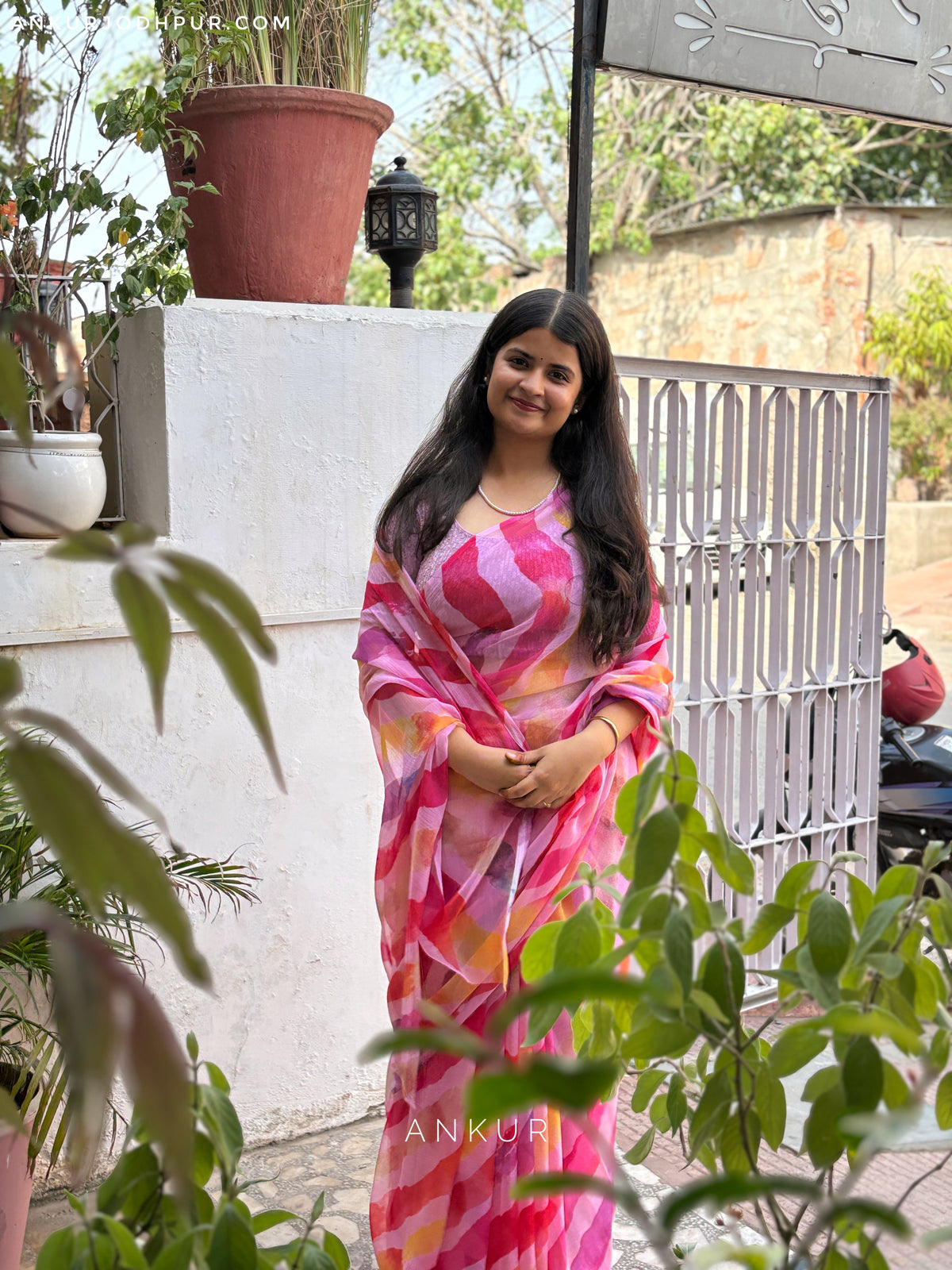 Red & Pink Multi-Stripe Leheriya Vintage Isha Chiffon lehriya