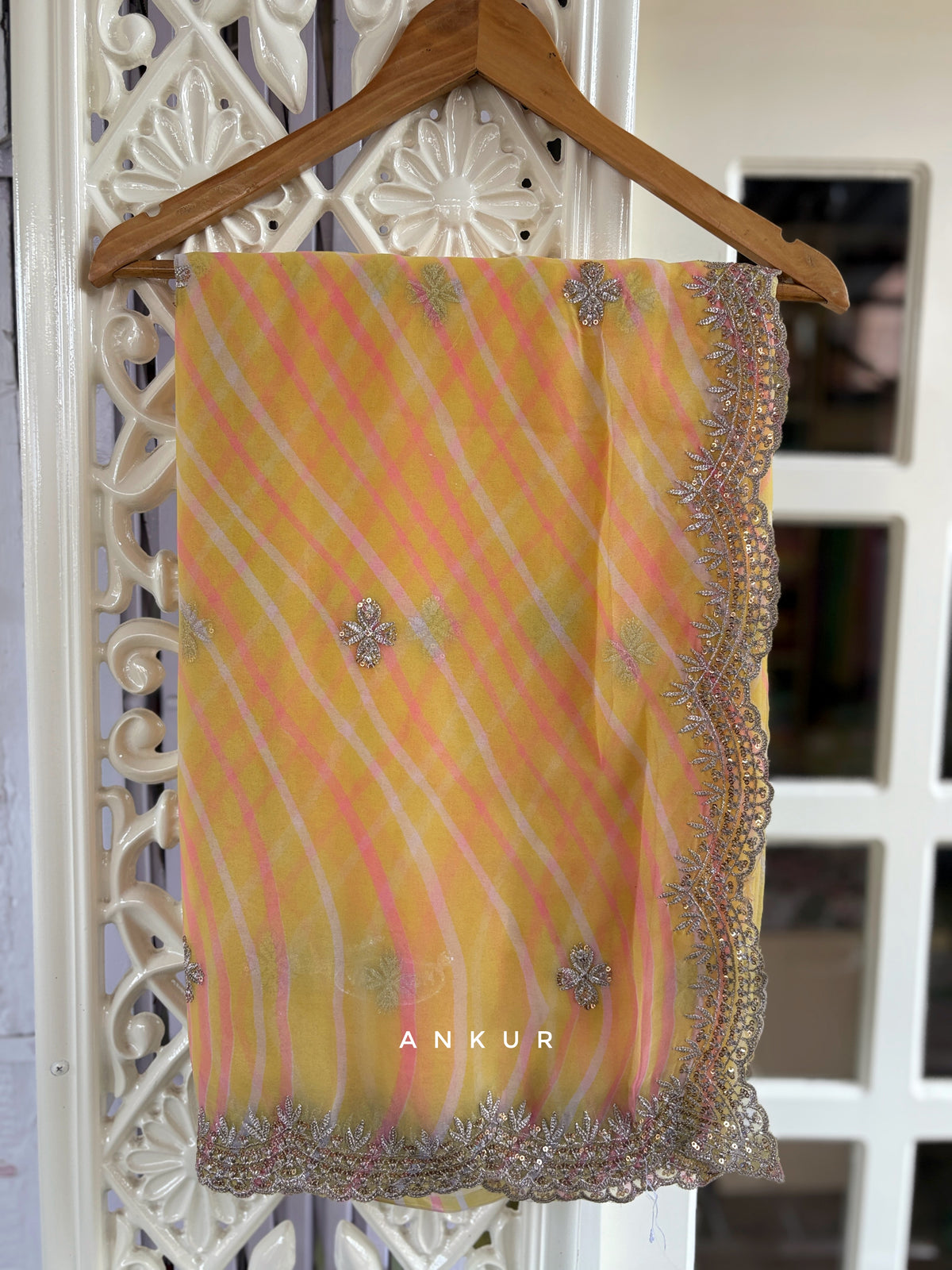 Yellow with double Lehriya Zardozi Nagina