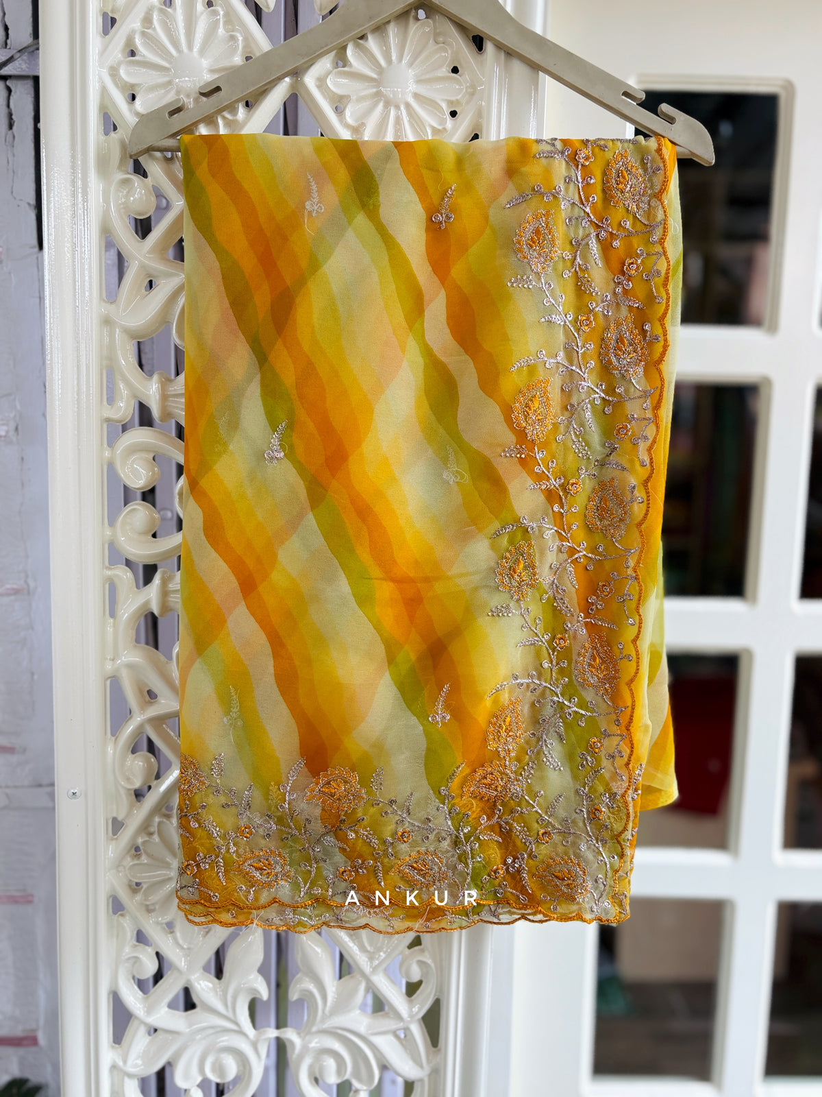 Yellow shaded with double Lehriya Zardozi Nagina