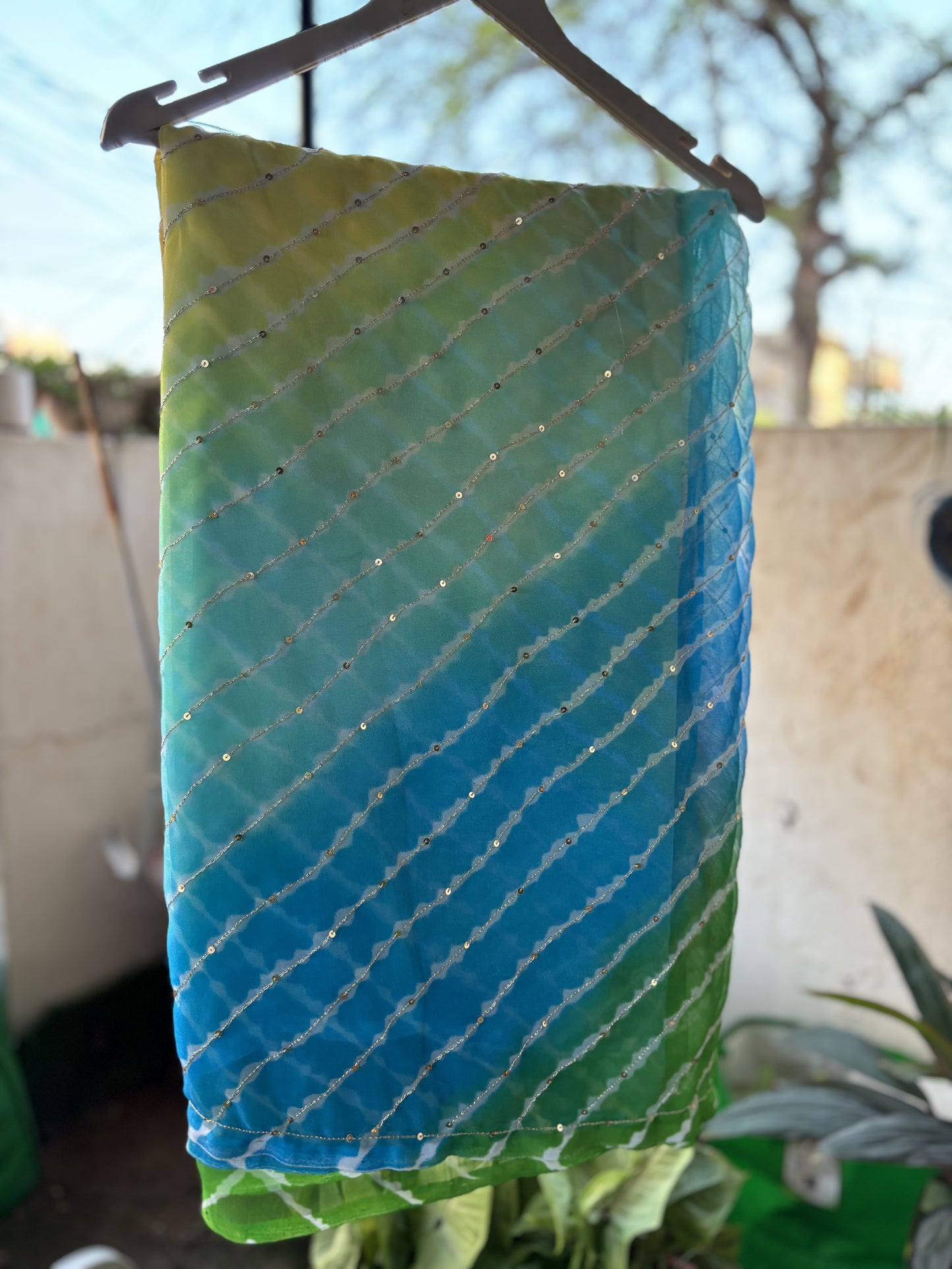 Four colour Shaded Blue to Orange Lehriya Zari Work