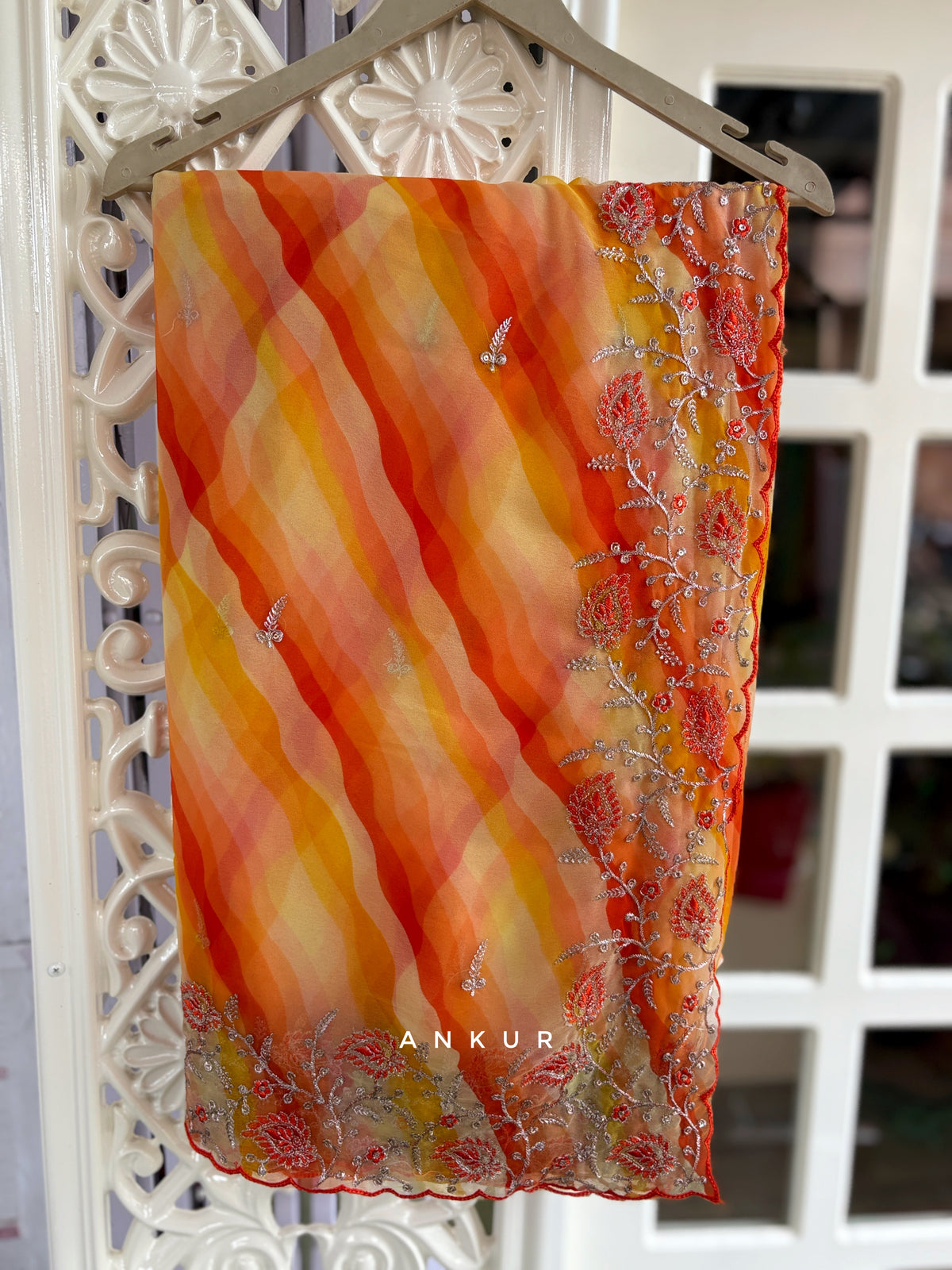 Yellow Orange sunset with double Lehriya Zardozi Nagina
