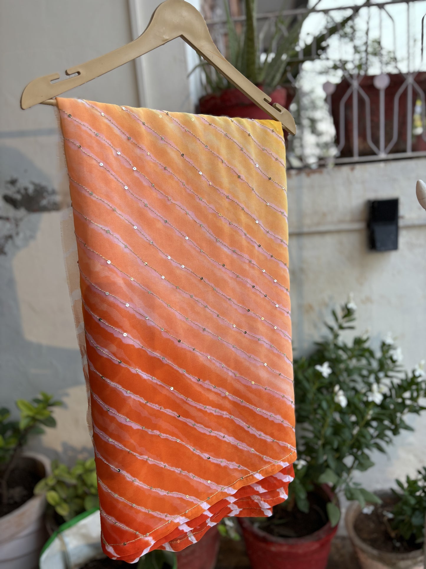 Four colour Shaded Yellow to Orange Lehriya Zari Work