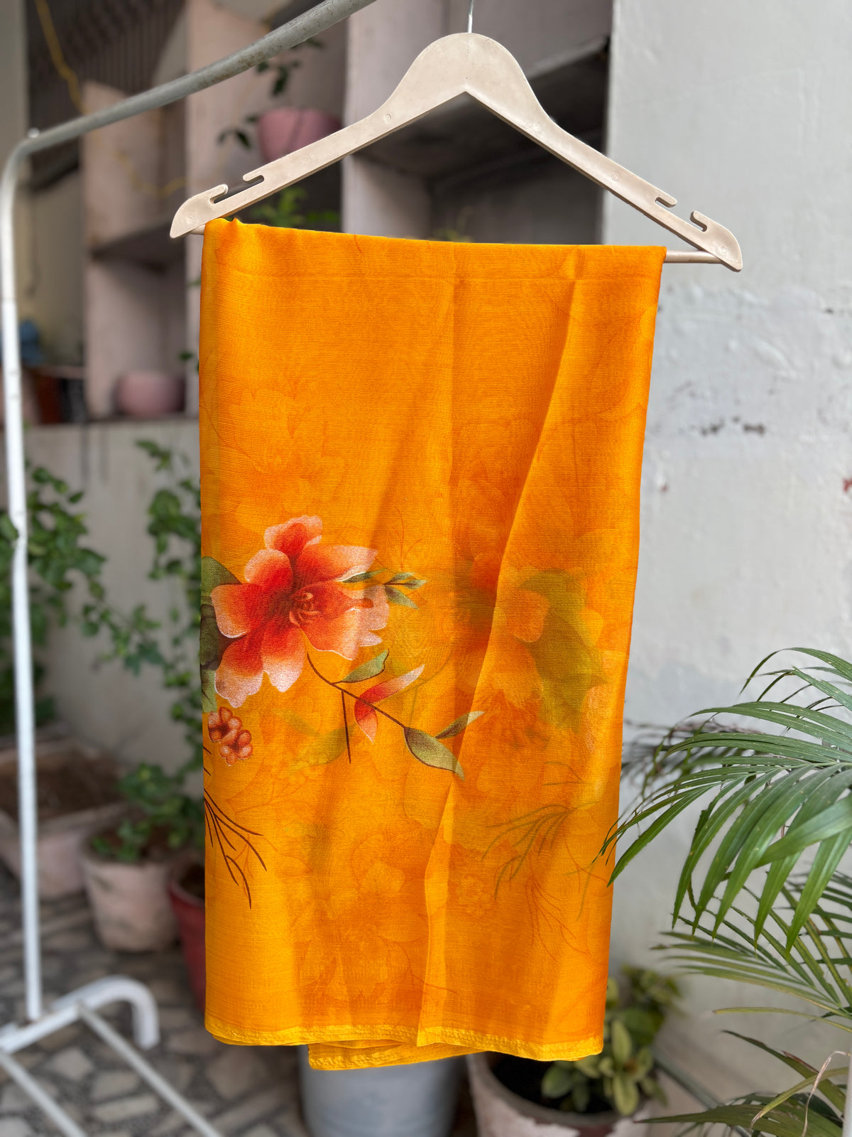 Yellow Crep Big Flower Silk saree