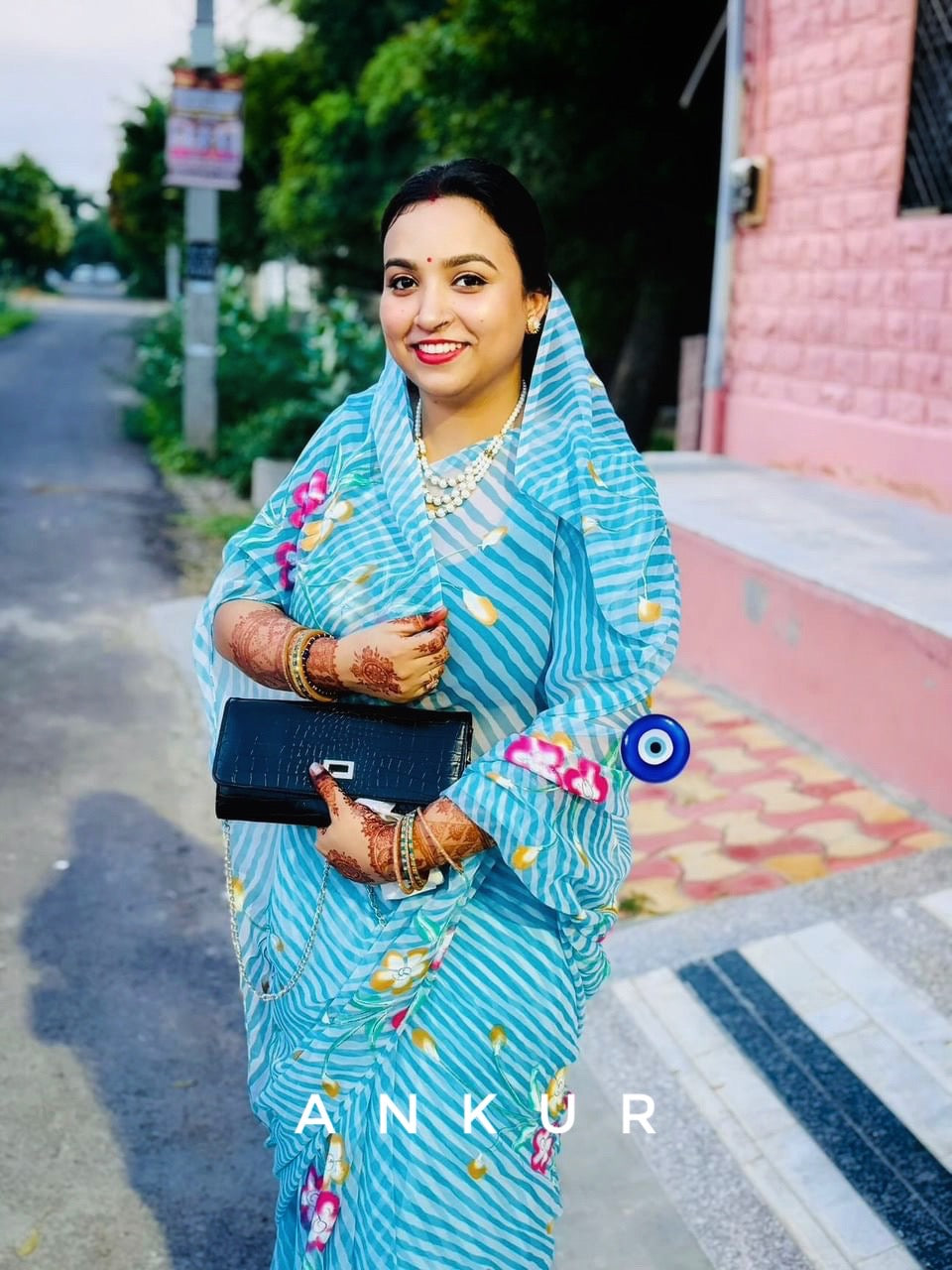 Sky Blue Ragini brush paint Lehriya