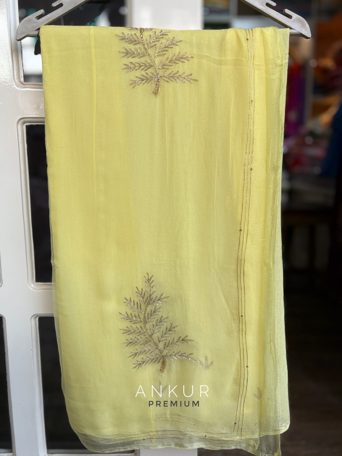 Meher Lemon Yellow Leaf Pure Chiffon PremSundari