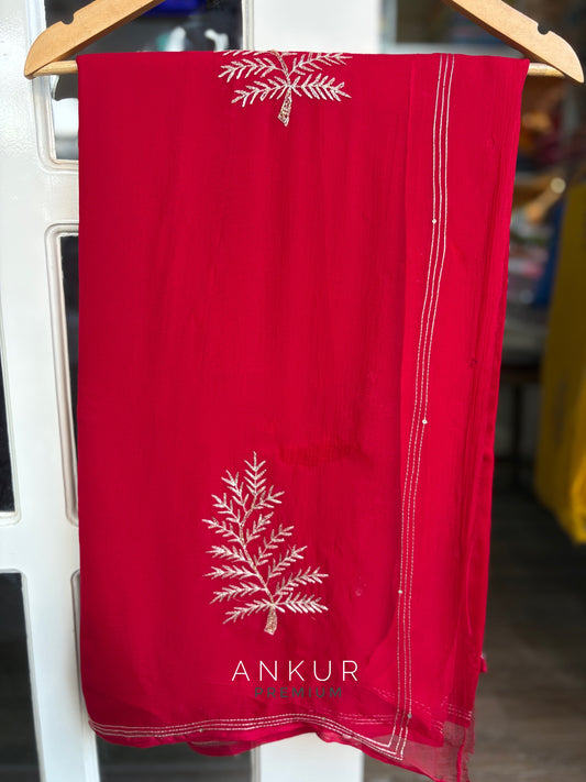 Anjali Rani Red Leaf Pure Chiffon PremSundari