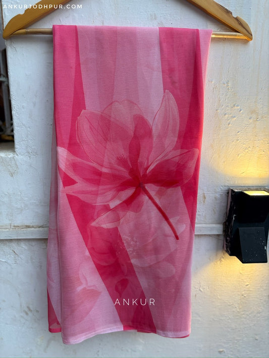 Bright Pink Large Floral Print Vintage Isha Chiffon lehriya