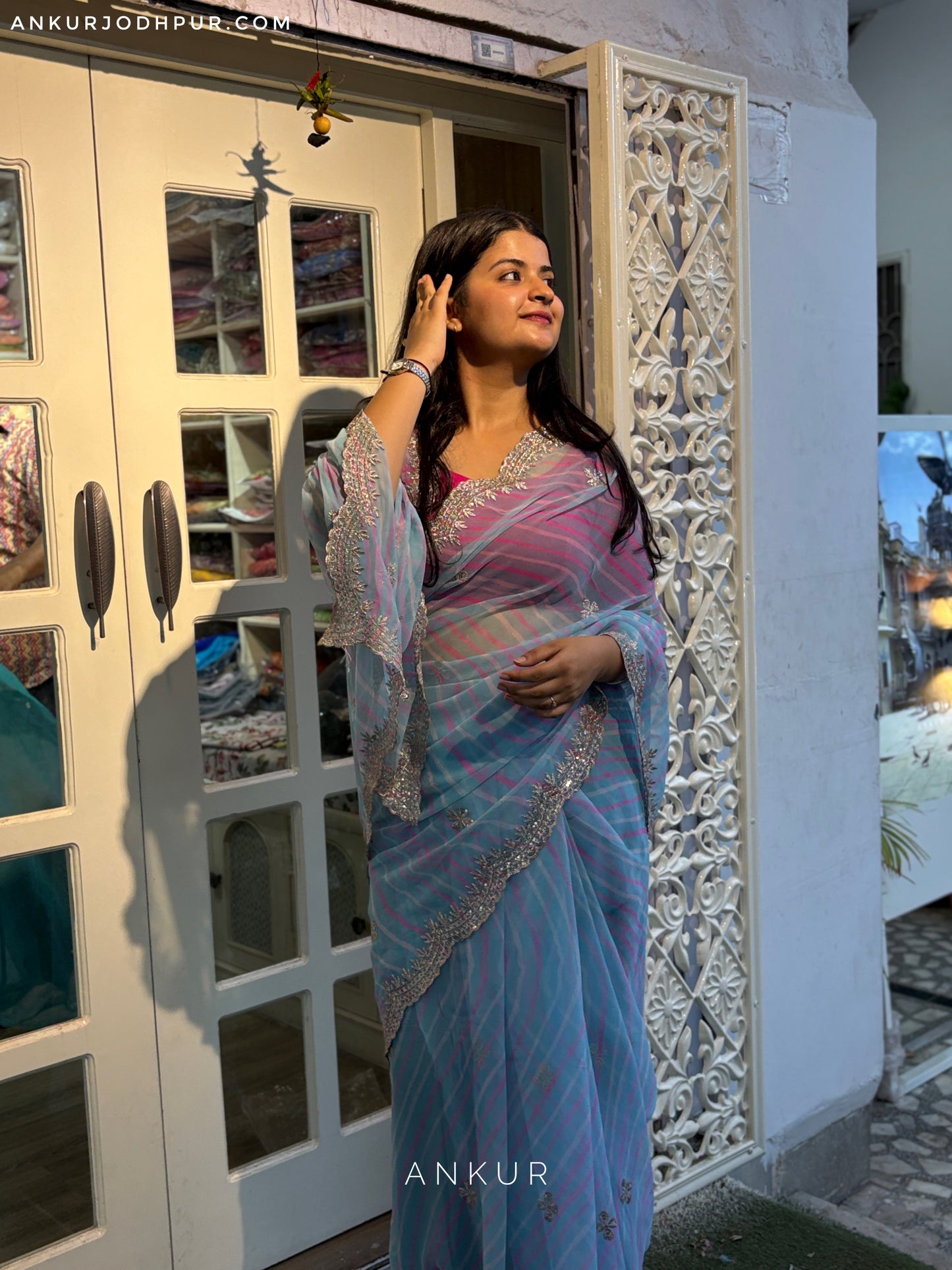 Blue with double Lehriya Zardozi Nagina