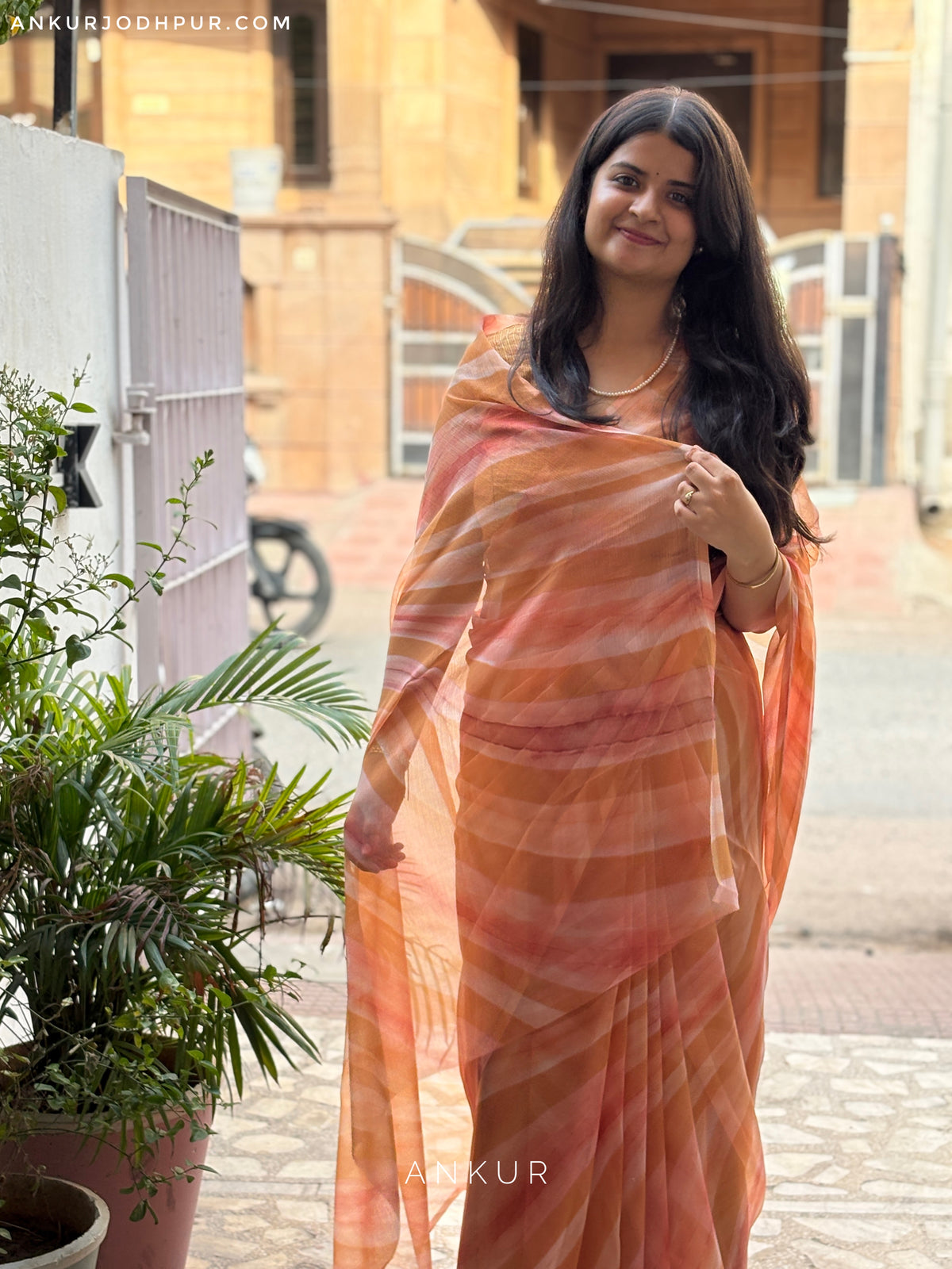 Peach Leheriya double shade Print Vintage Isha Chiffon lehriya