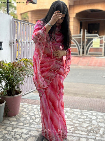 Rani Pink with double Lehriya Zardozi Nagina