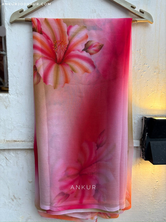 Pink Large Floral Print Vintage Isha Chiffon lehriya