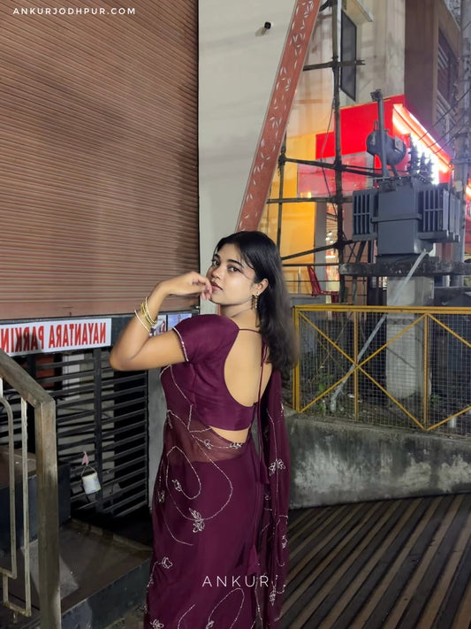 Madhurima wine Zari  cut dana Pure Chiffon PremSundari