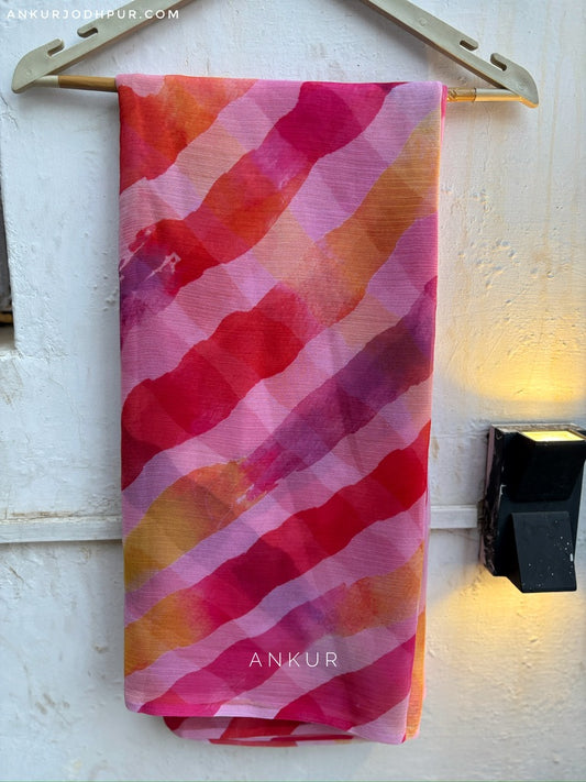 Red & Pink Multi-Stripe Leheriya Vintage Isha Chiffon lehriya