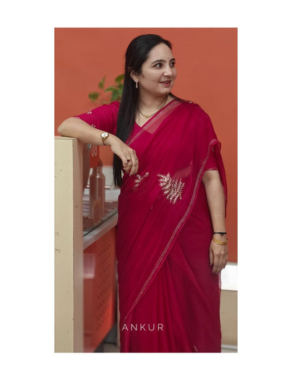 Anjali Rani Red Leaf Pure Chiffon PremSundari