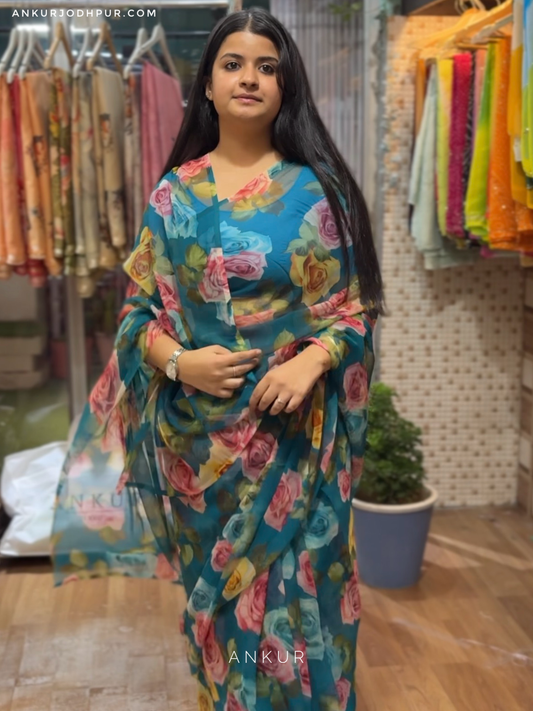 Multi Rose Rama Blue Flower Print