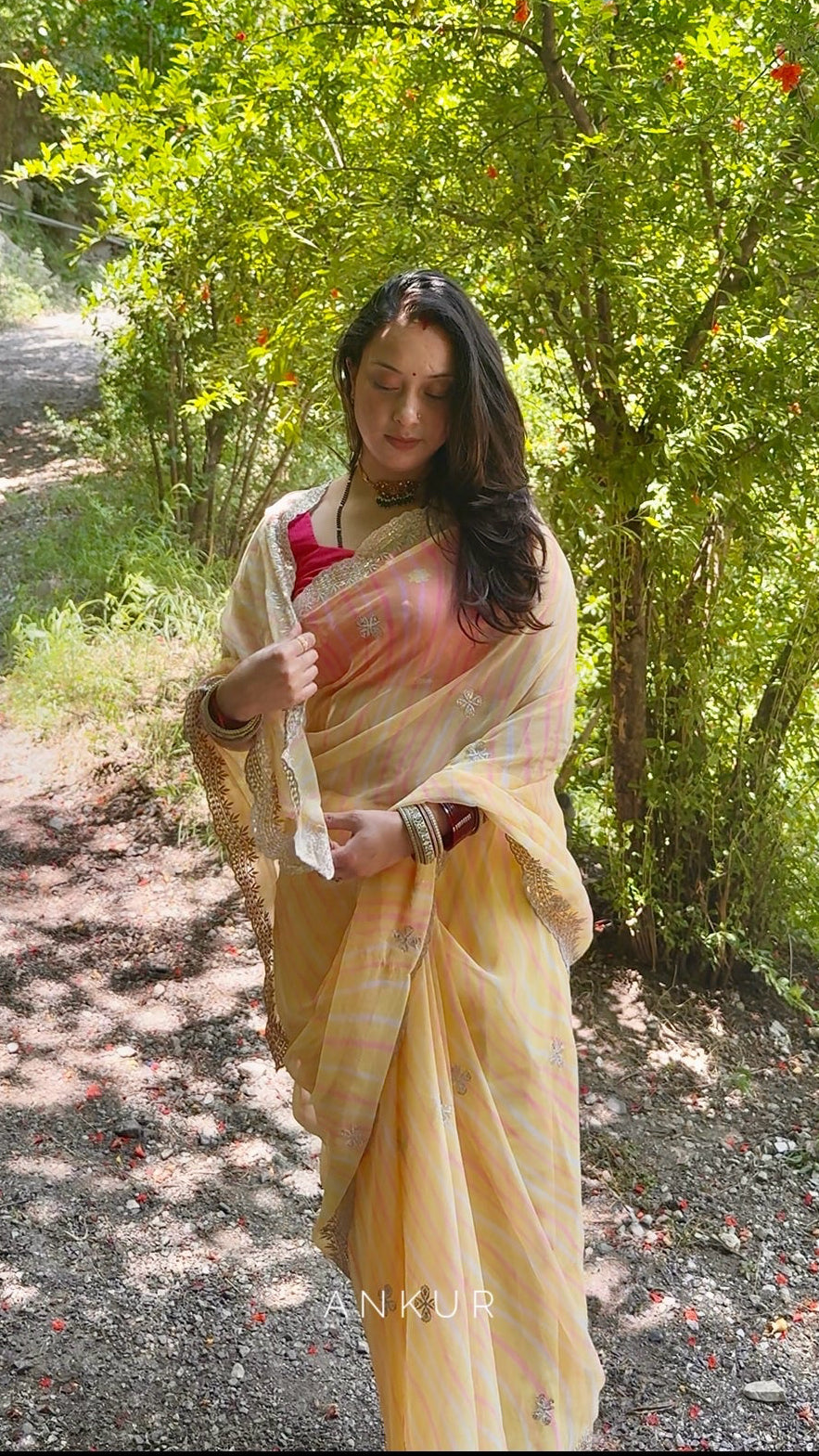 Yellow with double Lehriya Zardozi Nagina
