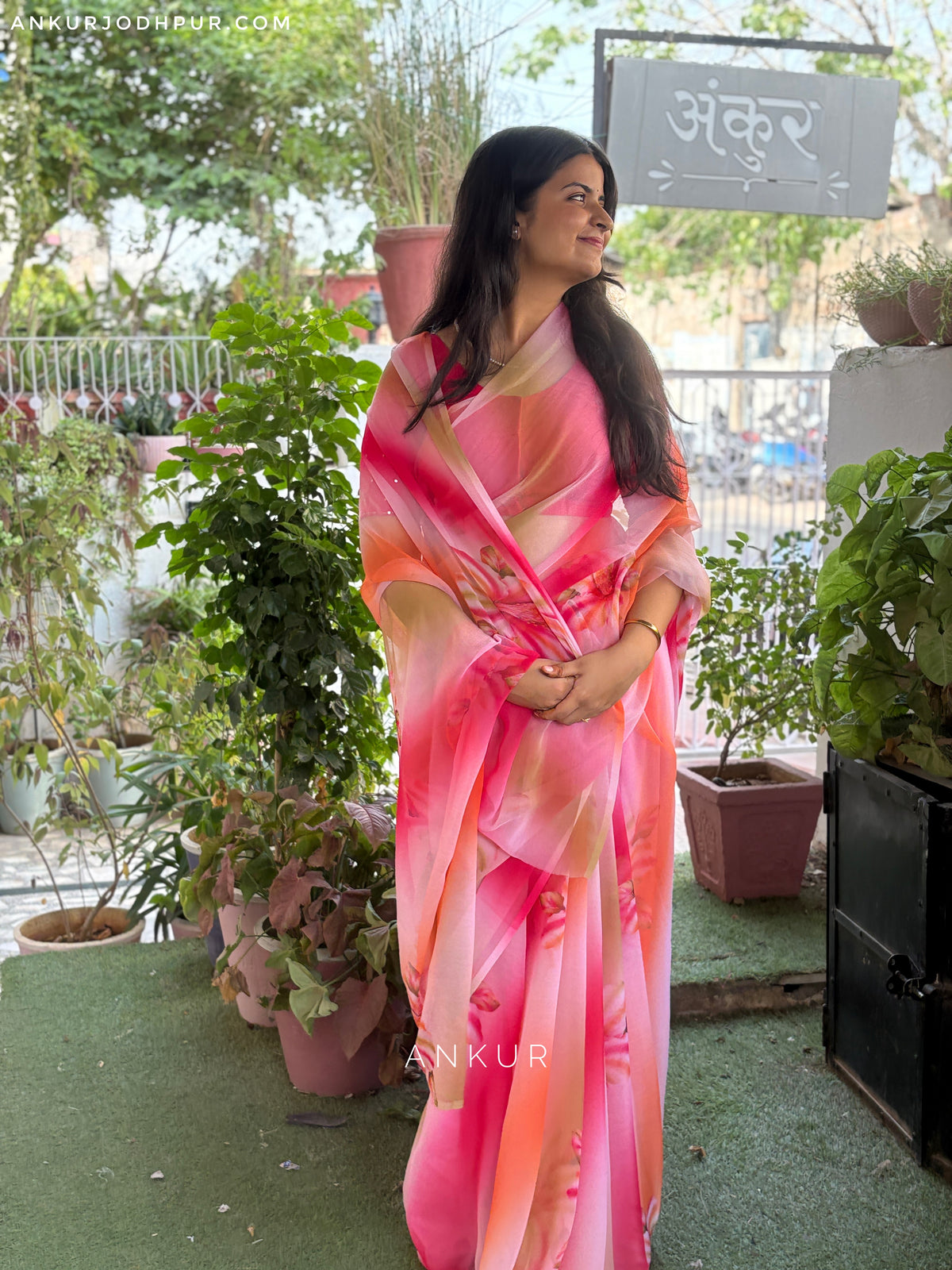 Pink Large Floral Print Vintage Isha Chiffon lehriya