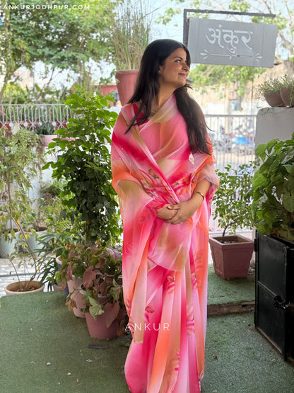 Pink Large Floral Print Vintage Isha Chiffon lehriya