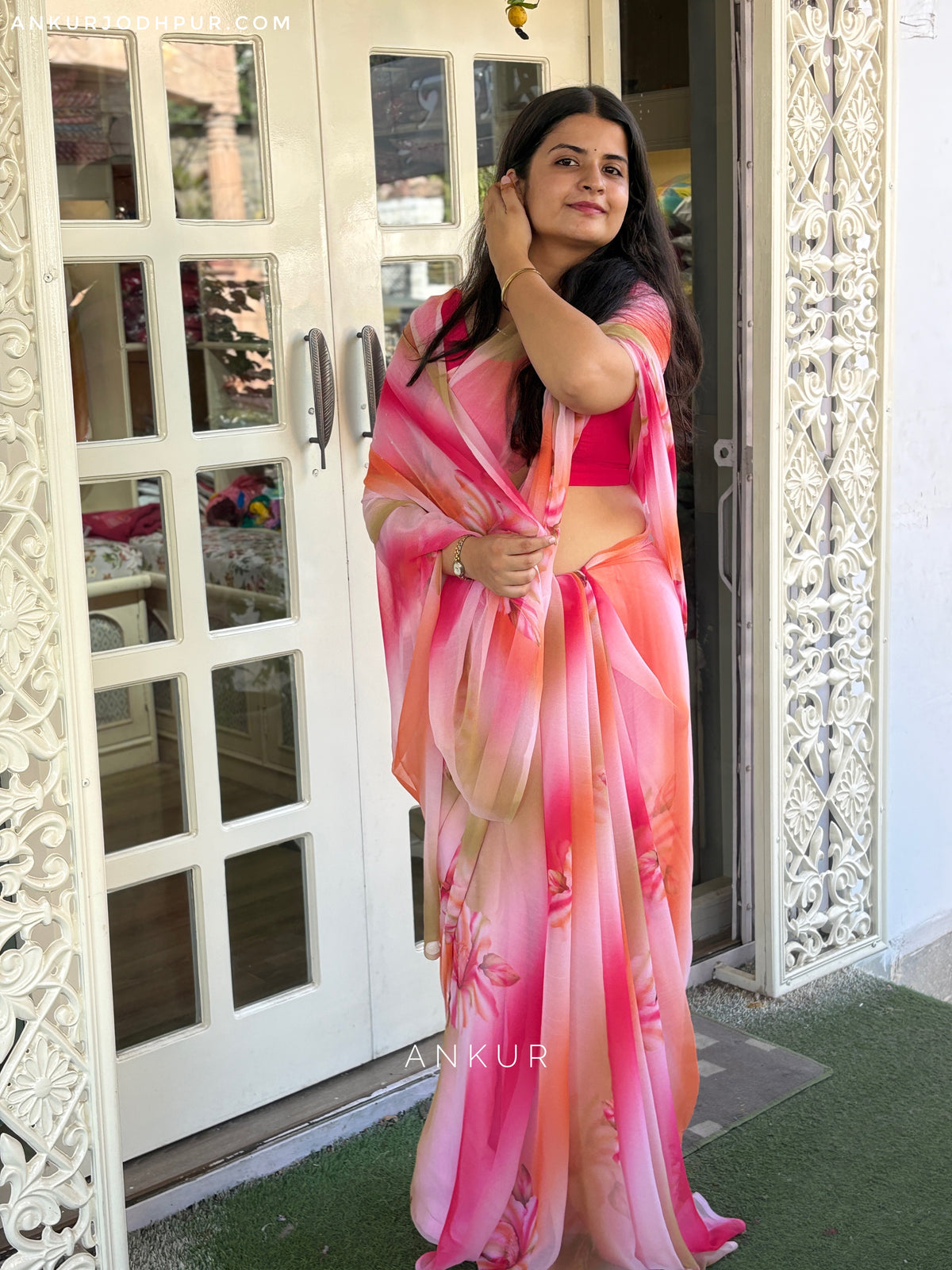 Pink Large Floral Print Vintage Isha Chiffon lehriya