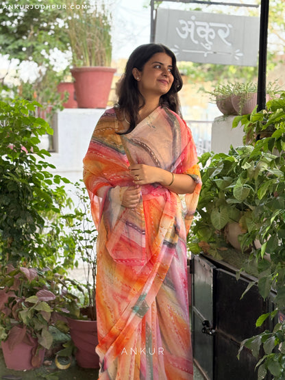 Orange Patterned Stripe Vintage Isha Chiffon lehriya
