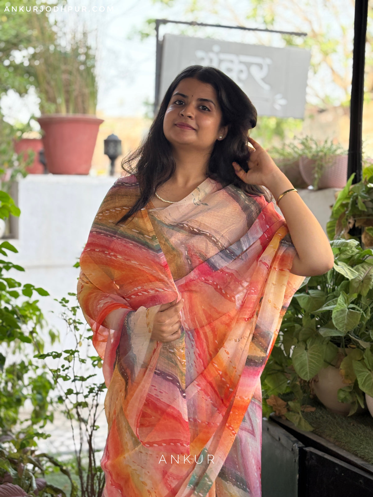 Orange Patterned Stripe Vintage Isha Chiffon lehriya