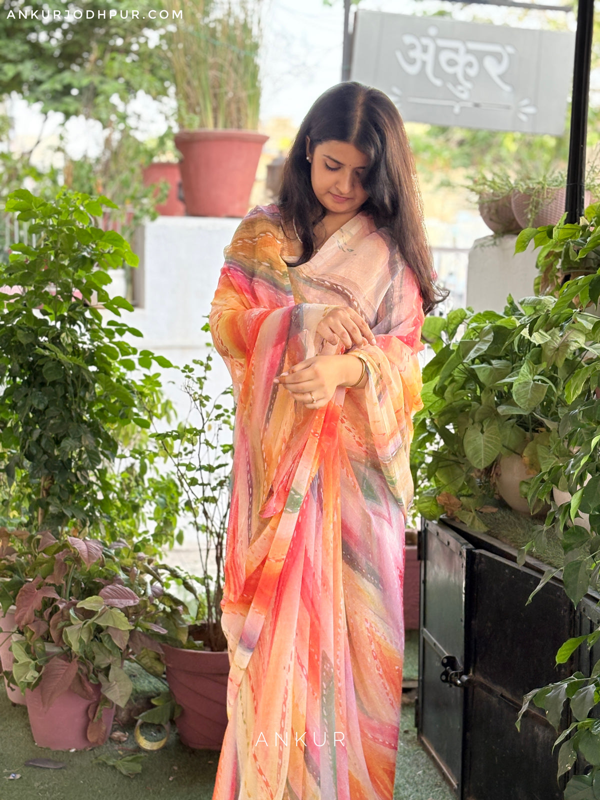 Orange Patterned Stripe Vintage Isha Chiffon lehriya