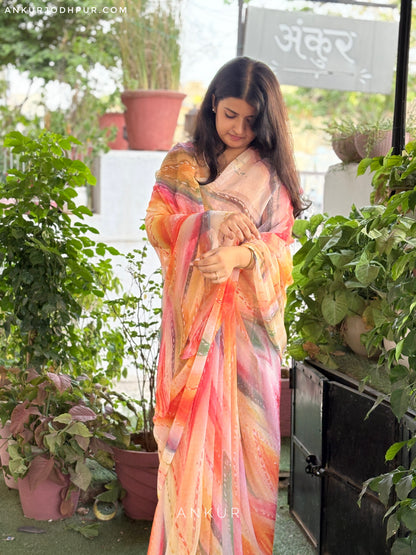 Orange Patterned Stripe Vintage Isha Chiffon lehriya