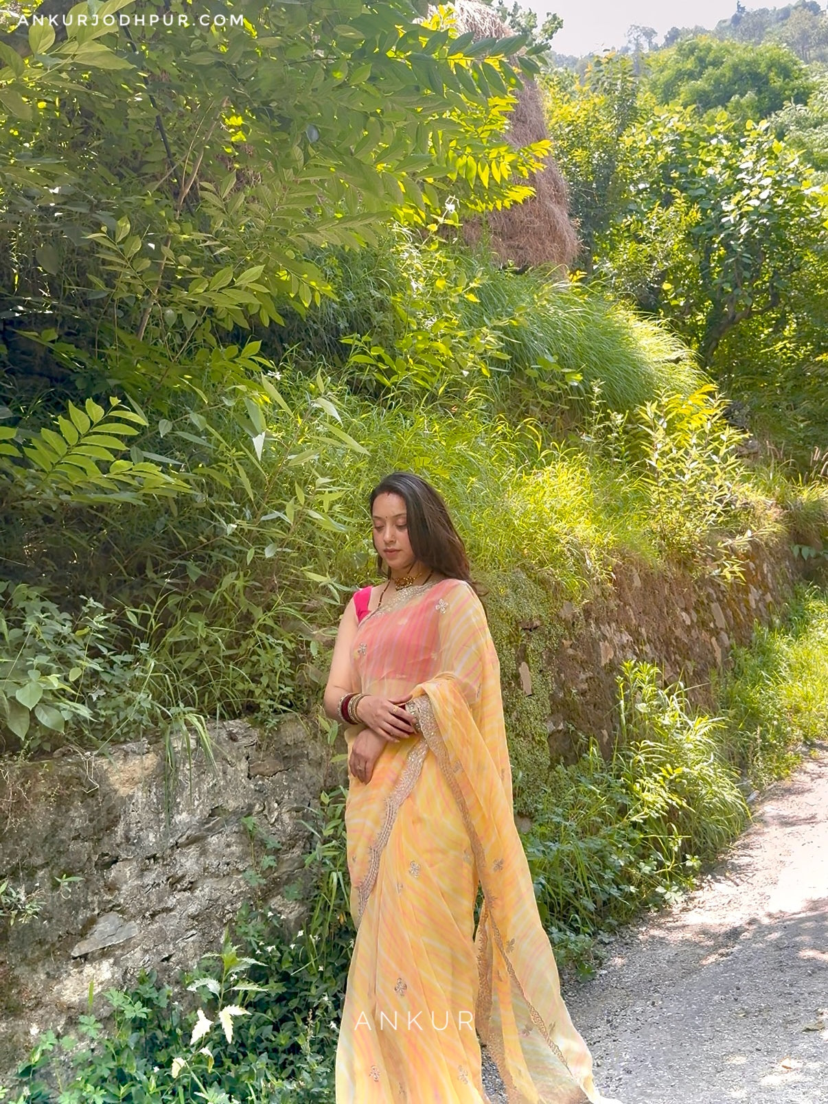 Yellow with double Lehriya Zardozi Nagina