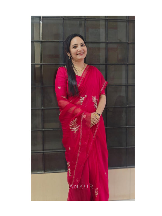 Anjali Rani Red Leaf Pure Chiffon PremSundari