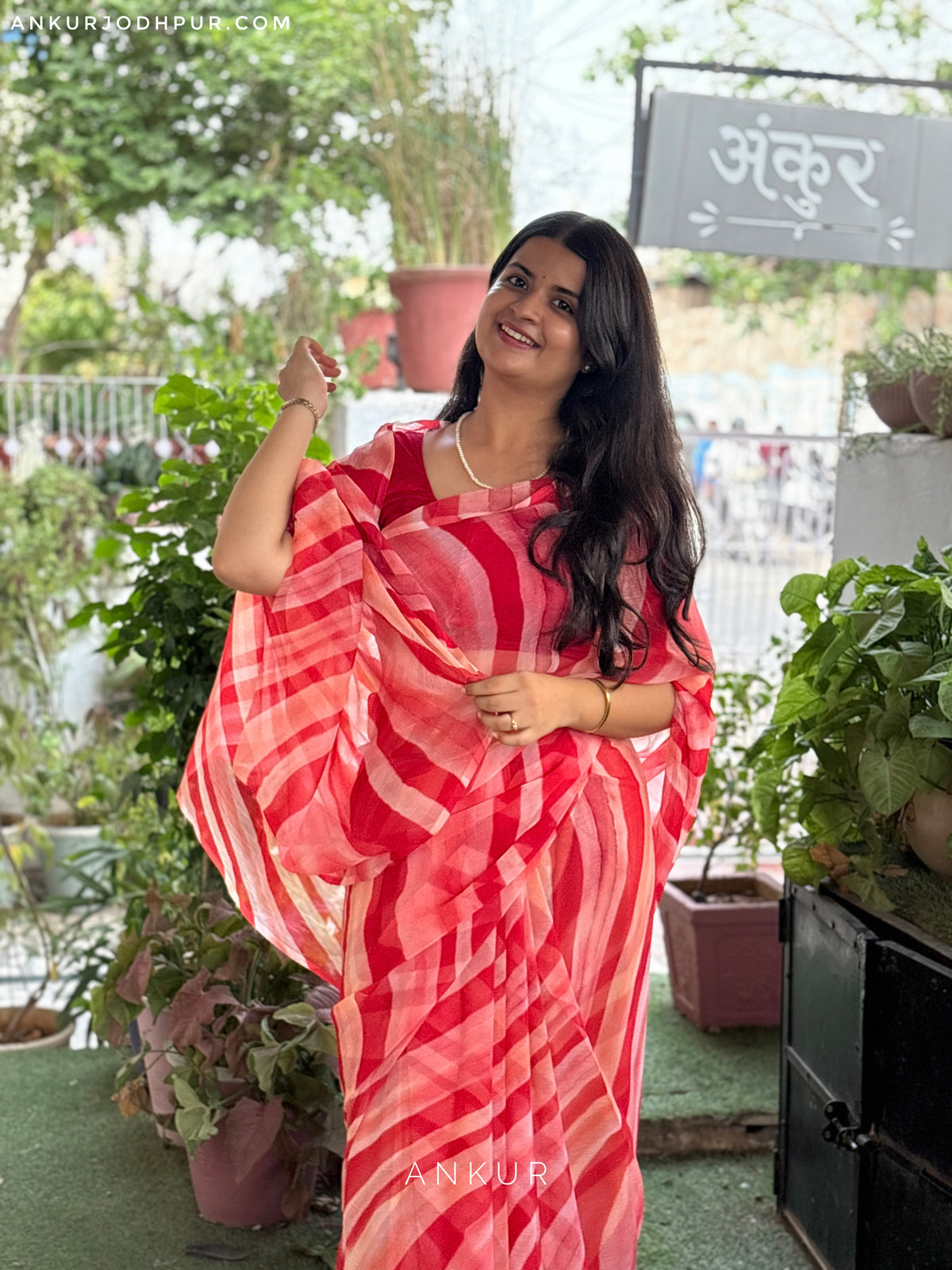 Red Tonal Stripe Leheriya Vintage Isha Chiffon lehriya