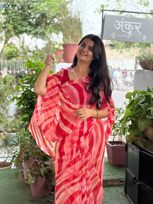 Red Tonal Stripe Leheriya Vintage Isha Chiffon lehriya