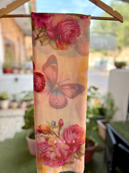 Peach Pink Butterfly Flower Print
