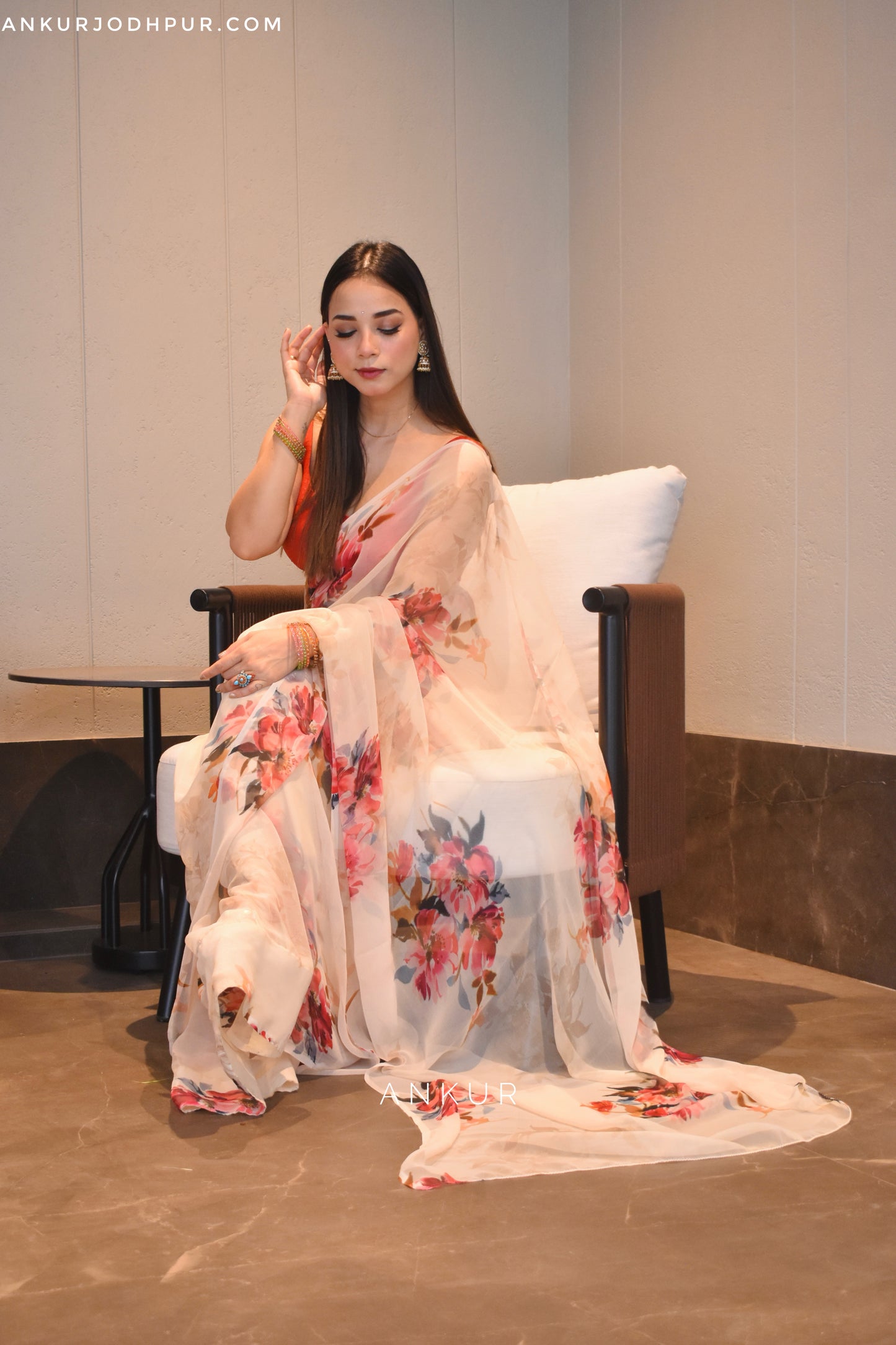 Flowery Cream Flower Vintage Isha Chiffon