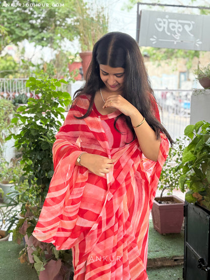 Red Tonal Stripe Leheriya Vintage Isha Chiffon lehriya