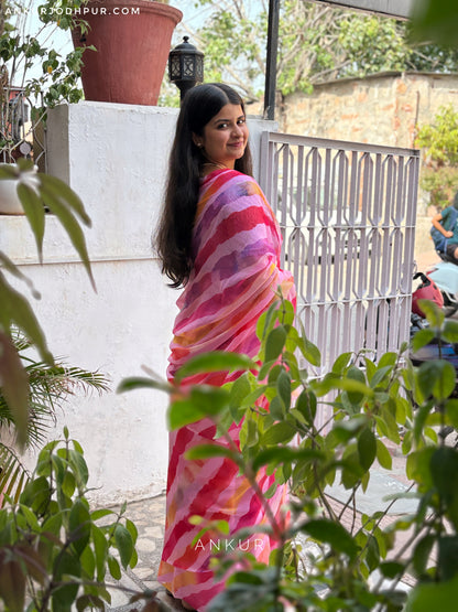 Red & Pink Multi-Stripe Leheriya Vintage Isha Chiffon lehriya