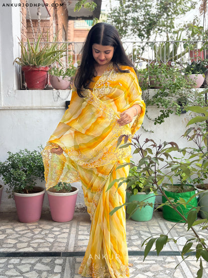 Yellow shaded with double Lehriya Zardozi Nagina