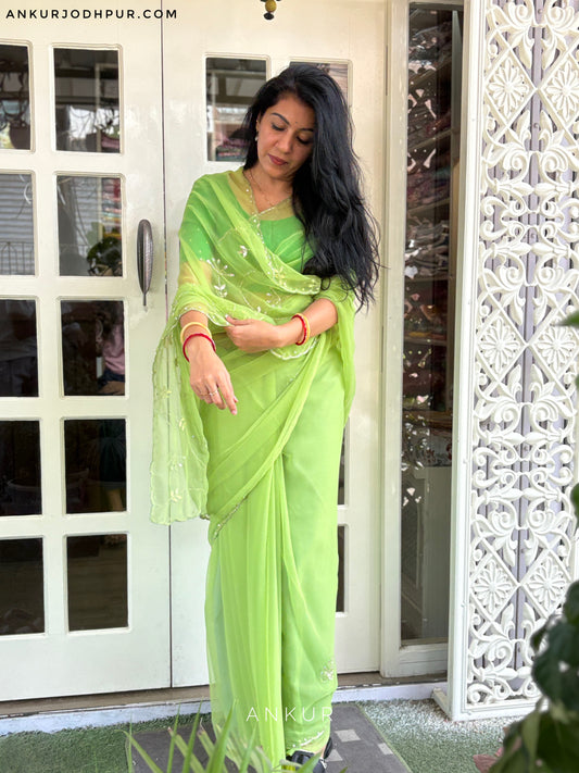 Pista Green cut dana Suhani 2.0 Half Pallu Jaal work