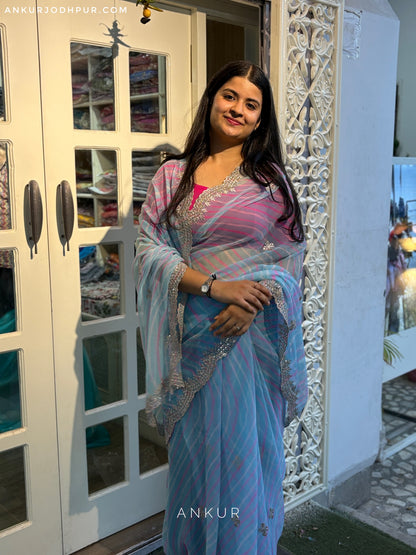 Blue with double Lehriya Zardozi Nagina
