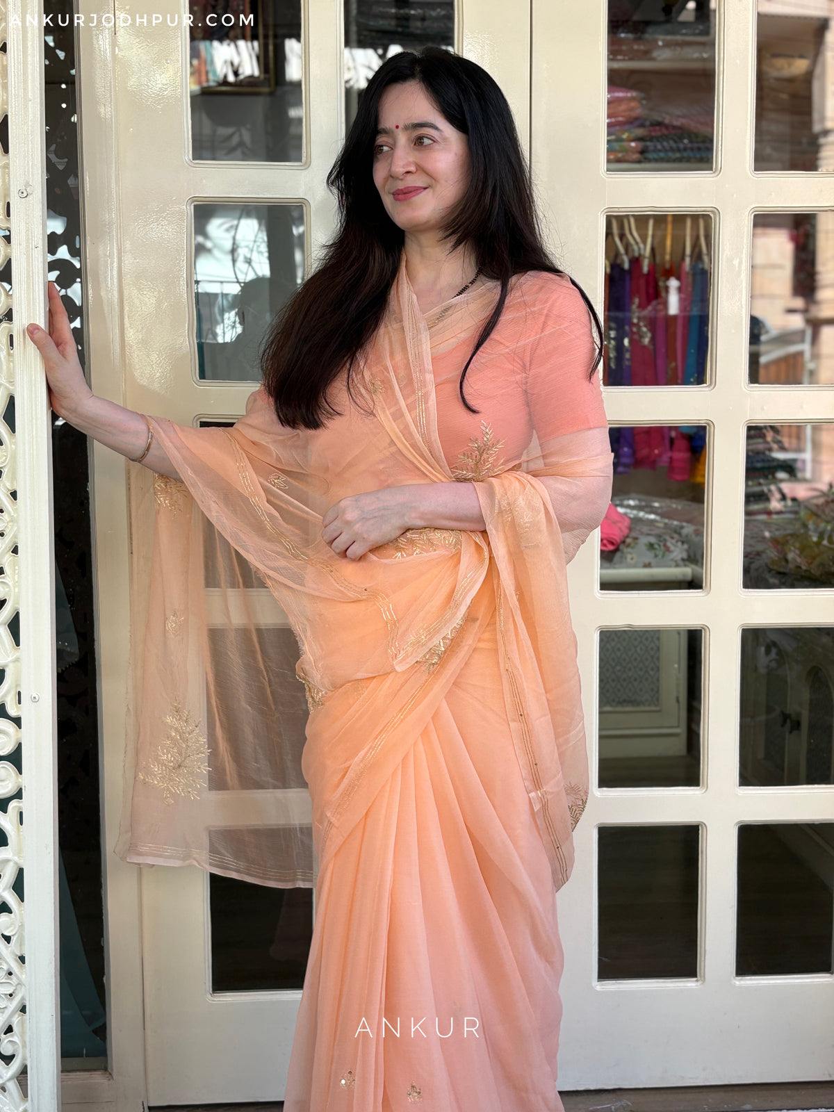 Gulnaar Peach Leaf Pure Chiffon PremSundari