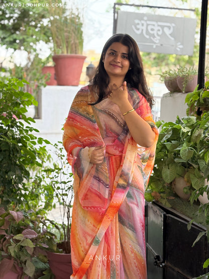 Orange Patterned Stripe Vintage Isha Chiffon lehriya