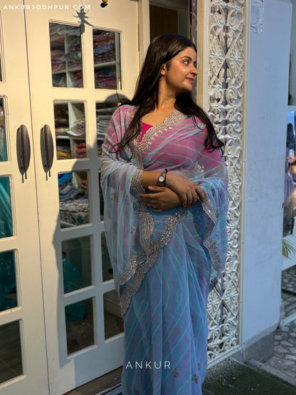 Blue with double Lehriya Zardozi Nagina
