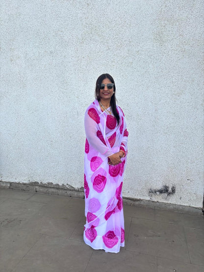 Pink and white Laddu Faganiya Saree