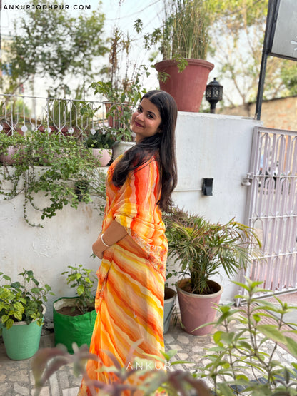 Yellow Orange sunset with double Lehriya Zardozi Nagina