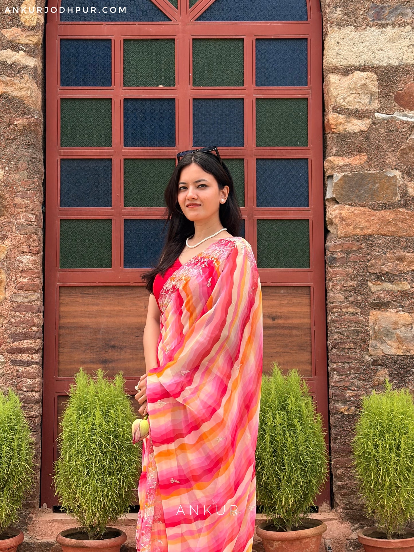 Rani Yellow Orange sunset with double Lehriya Zardozi Nagina