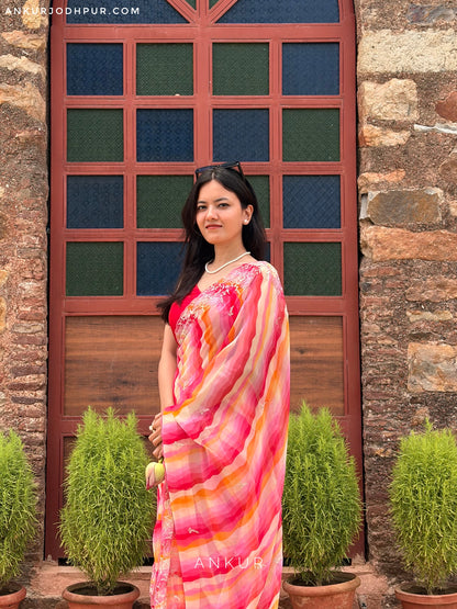 Rani Yellow Orange sunset with double Lehriya Zardozi Nagina